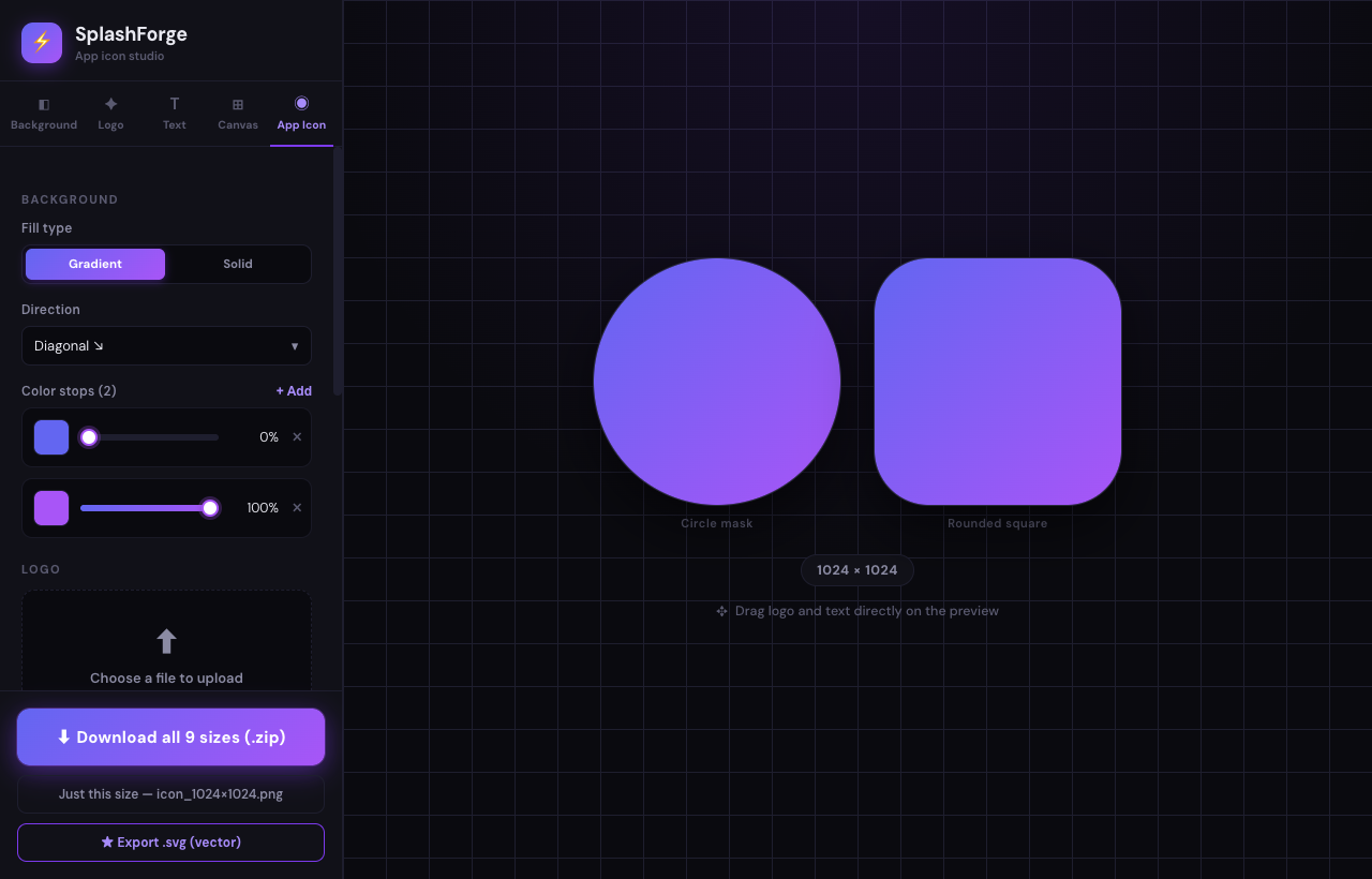 App icon previewed as a circle and a rounded square simultaneously