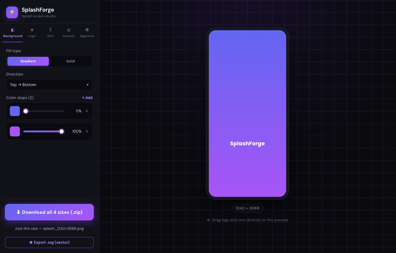The SplashForge studio editing a gradient splash screen with live preview